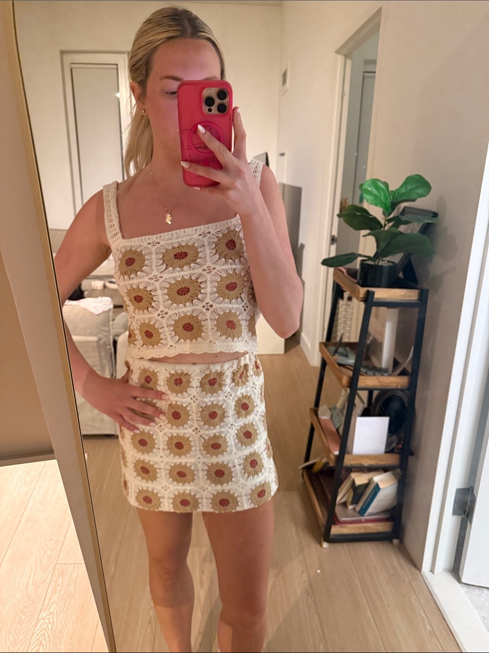 Crochet Co ord Cream Crochet Daisy Two-Piece Set with Mustard Centers. Boho Coac